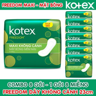 Combo 8 gói Băng Vệ Sinh Kotex Freedom Maxi không Cánh Mặt Bông 23cm ( 1 Gói 8 Miếng - 1 Lốc 8 Gói )