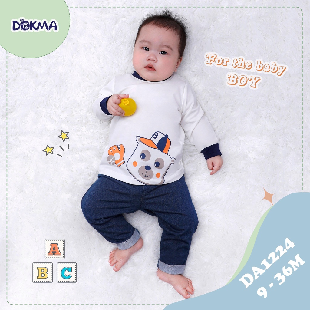 Áo dài tay cài vai bé trai Dokma - chất cotton hữu cơ mềm thoáng, co giãn, thấm hút