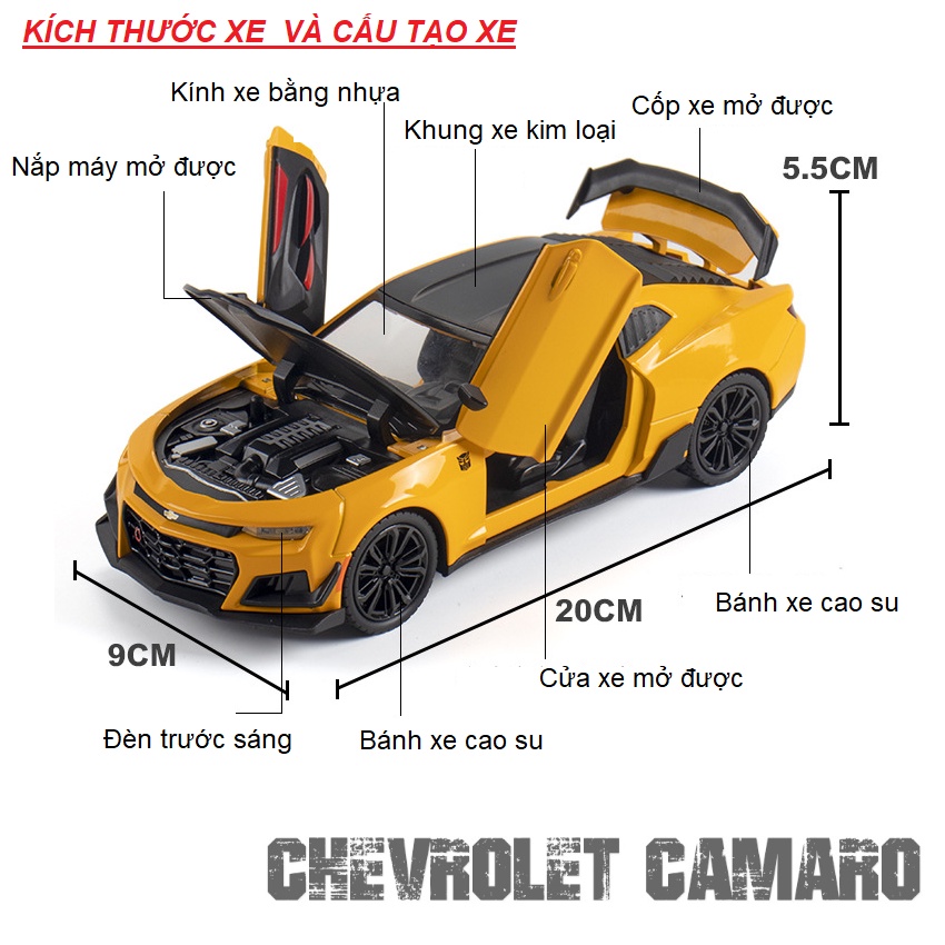 Xe mô hình ô tô đồ chơi trẻ em Chevrolet Camaro tỉ lệ 1:24 bằng kim loại xe có âm thanh và đèn mở được cử