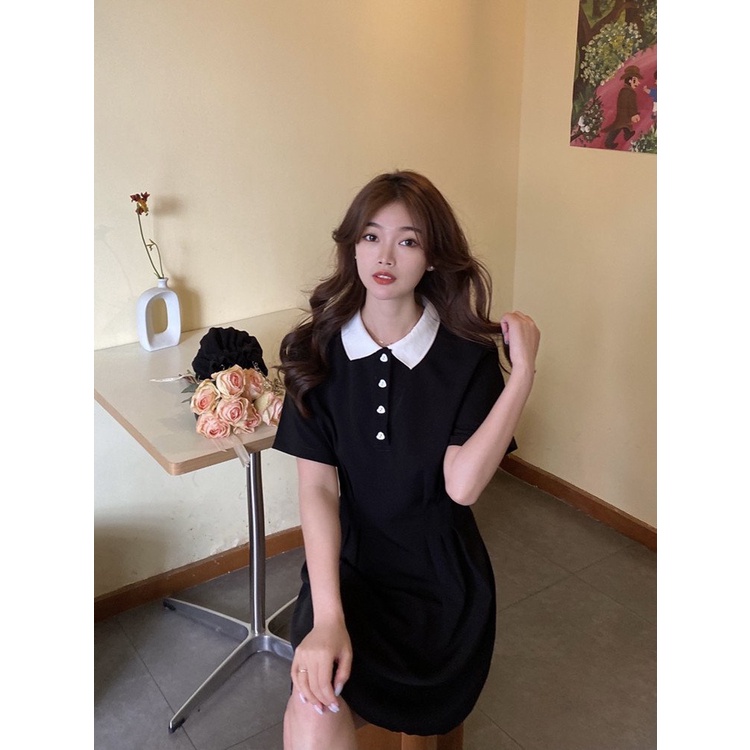 💃 Đầm Polo Nữ Triết Eo Dáng Xòe Cổ Phối Trắng Cộc Tay Chất Borip