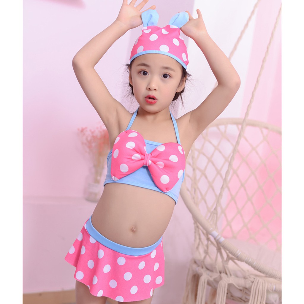 Đồ bơi cho bé FUHA, bộ bikini họa tiết hình chấm bi 3 chi tiết đáng yêu dành cho bé gái