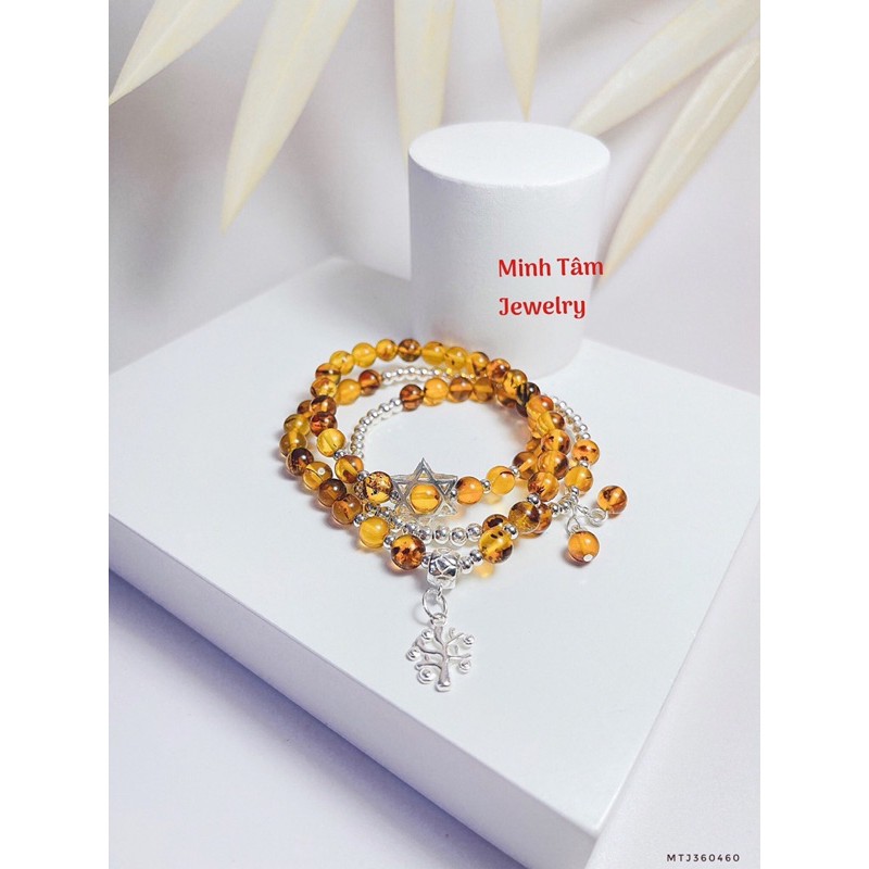 Vòng tay hổ #phách ba vòng cuốn mix charm bạc-Minh Tâm Jewelry