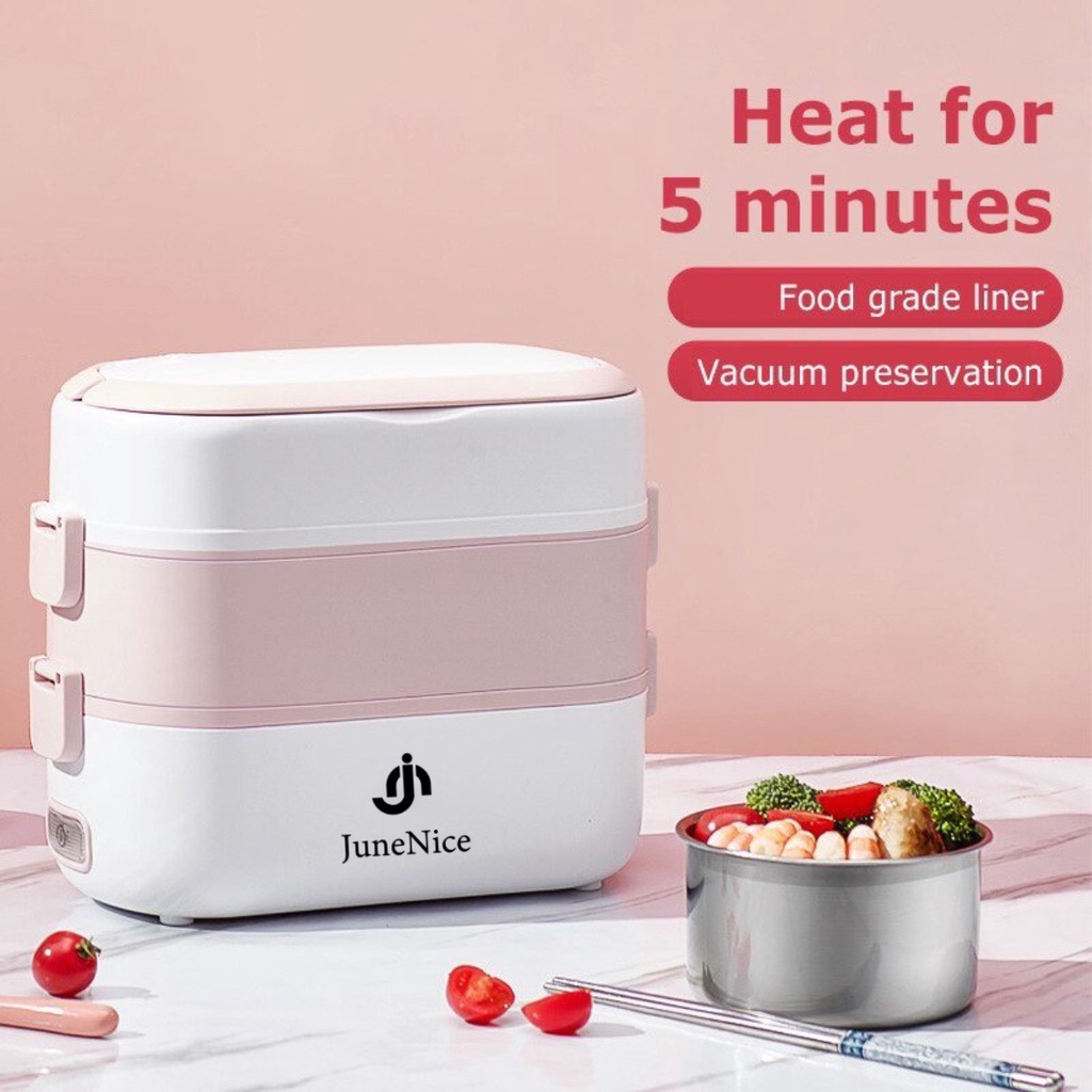 Hộp cơm cắm điện 2 quai cầm, 2 tầng với 4 hũ inox, 2 nắp đậy và 2 nắp thông hơi, chấu cắm 2 chân HÀNG CÓ SẴN