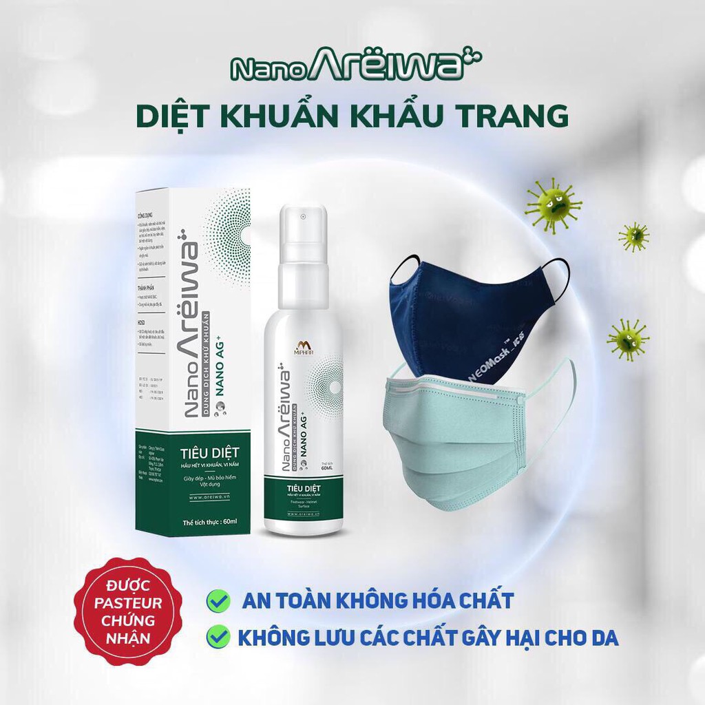 Nước xịt diệt khuẩn nano bạc Nano Areiwa 60ml, khử khuẩn, sát khuẩn, khử mùi giày, điện thoại, đồ chơi, nón bảo hiểm