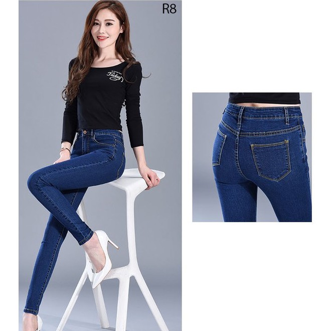 Quần Jean Nữ Xanh Trơn Chất jean Cotton Cao Cấp Co Giản Mạnh