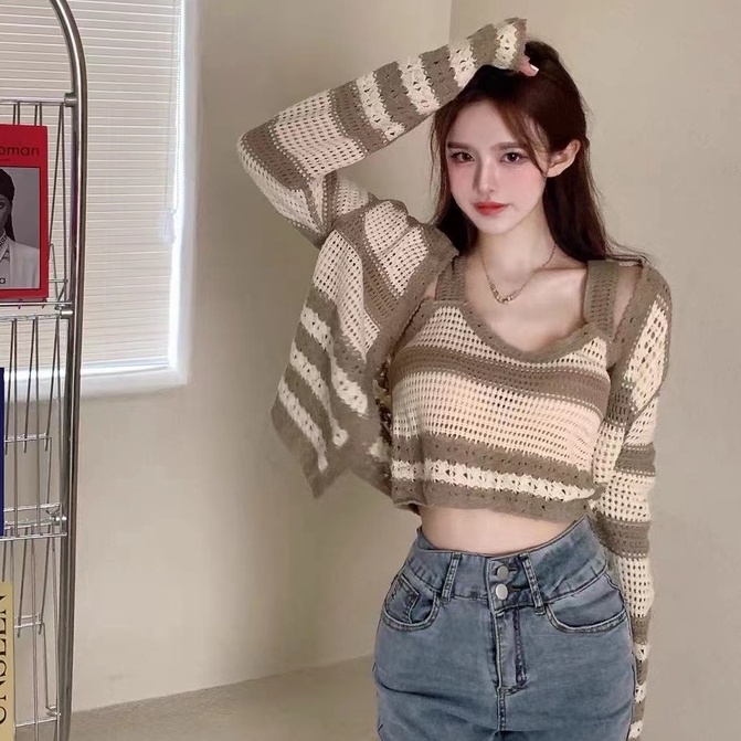 Bộ áo cardigan dệt kim sát nách kẻ sọc + quần lưng cao ZHELIHANGFEI quyến rũ thời trang cho nữ