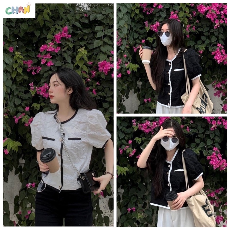 Áo Sơ Mi Xốp Cúc Ngọc Tay Phồng 2 Màu Đen trắng, Áo Xốp Phồng Cao Cấp