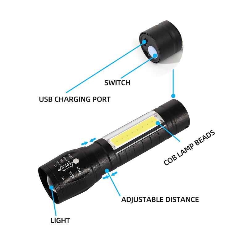 1 Đèn Pin LED T6 COB Đa Năng Có Thể Sạc Lại Bằng Cổng USB Tiện Dụng