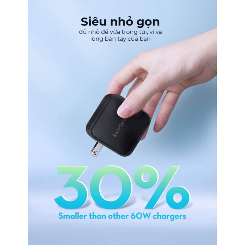 Củ Sạc Nhanh GaN 65W RavPower PD 2 cổng (USB + C) RP-CPCN002 cho IP 6 7 8 Plus 10 11 12 Pro max x xs
