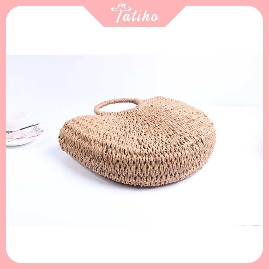 Túi Cói Đi Biển Xách Tay Hình Bán Nguyệt Vintage Thời Trang Đi Biển - Tatiho - Mã TUI65