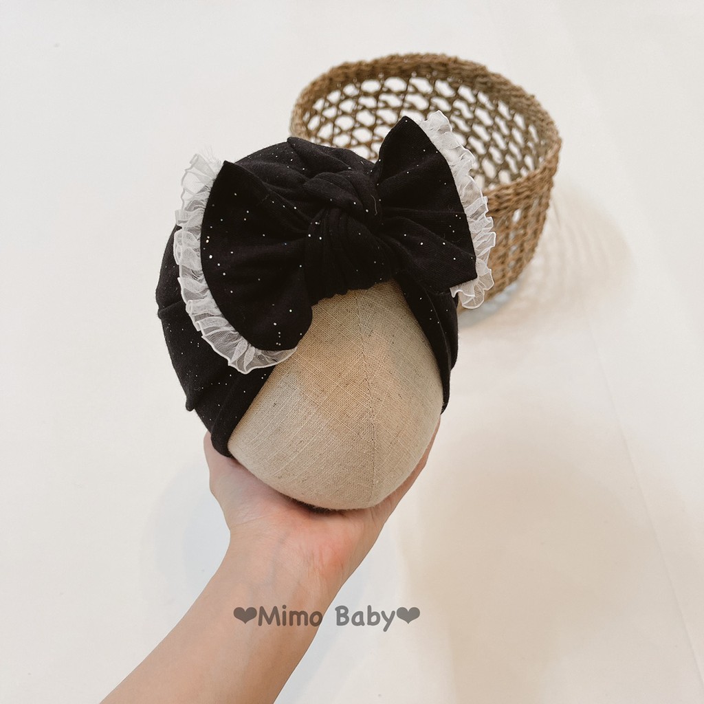 Mũ turban bé gái - Đen kim tuyến viền nơ trắng (4-8kg)