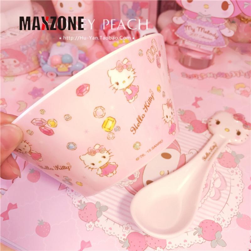 SANRIO Bộ Bát Ăn Cơm / Súp Bằng Melamine In Họa Tiết Hoạt Hình Hello Kitty Dễ Thương Dùng Làm Quà Tặng Cho Bé Gái