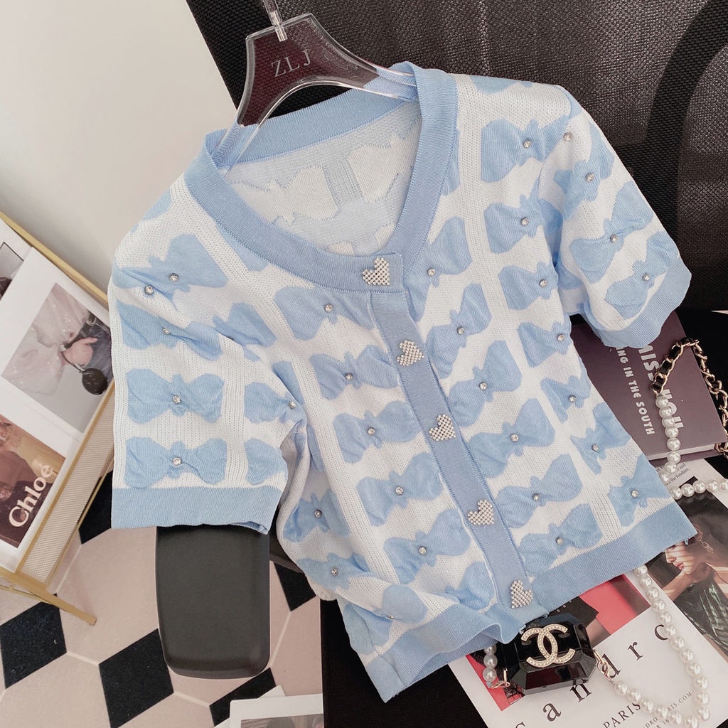 Áo kiểu Pure Cube tay ngắn chất lượng cao phối họa tiết nơ ngọt ngào đáng yêu cho nữ