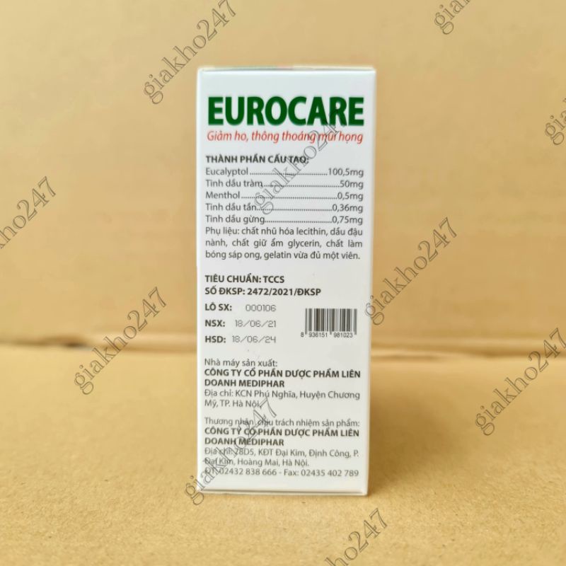 Eurocare - Giảm ho, thông thoáng mũi họng - Hộp 100 viên