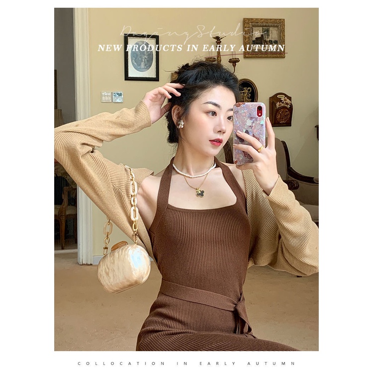 Bộ Áo Khoác Cardigan + Đầm Dệt Kim Hai Dây Ôm Dáng Phong Cách Retro Hong Kong Thời Trang Mùa Thu Cho Nữ 2021