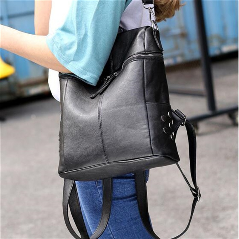 Women Leather Backpacks for Teenage Girls School Bags Fashion Vintage Solid Black Shoulder Bag Youth