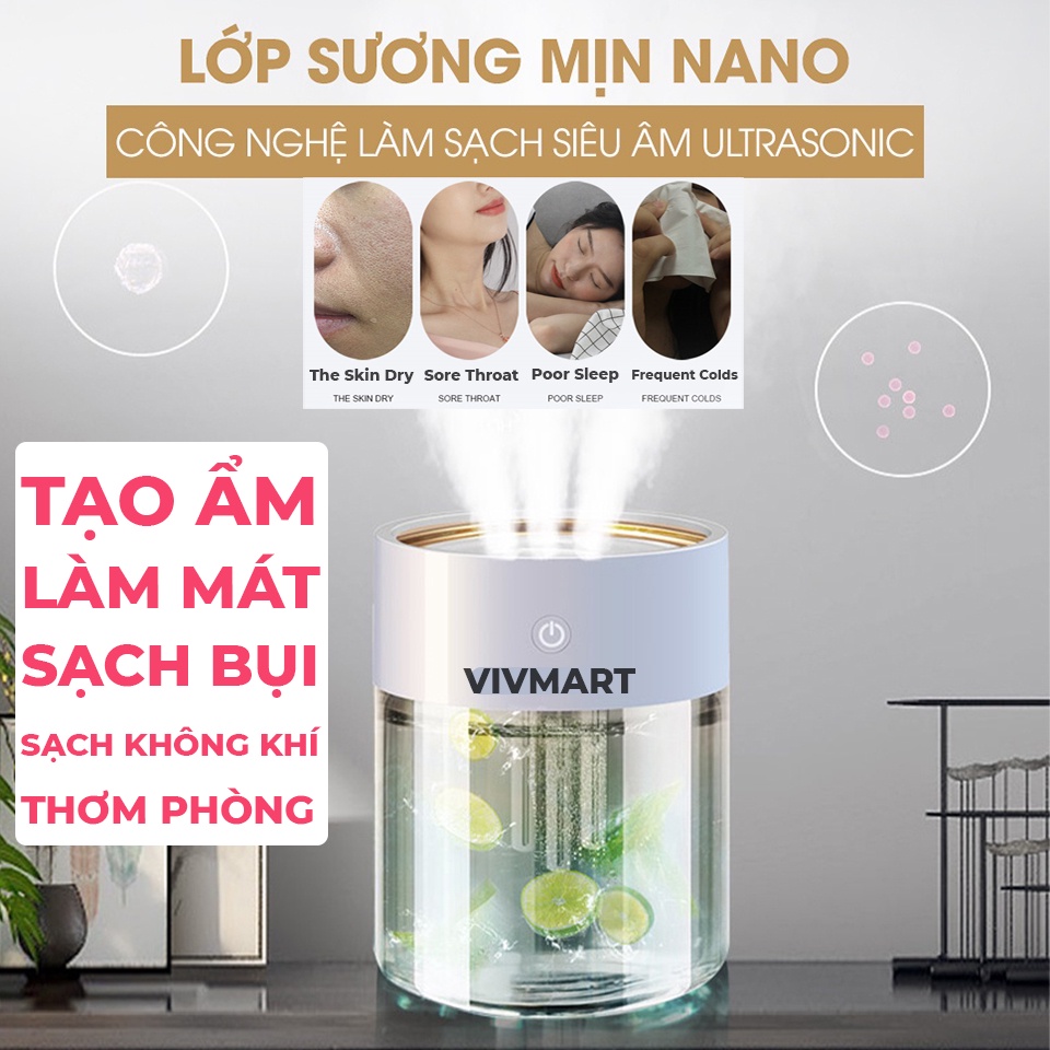 Máy Phun Sương Tạo Độ Ẩm Làm Mát Khuếch Tán Tinh Dầu Với 3 Đầu Phun Tích Hợp Đèn Led Nhiều Màu