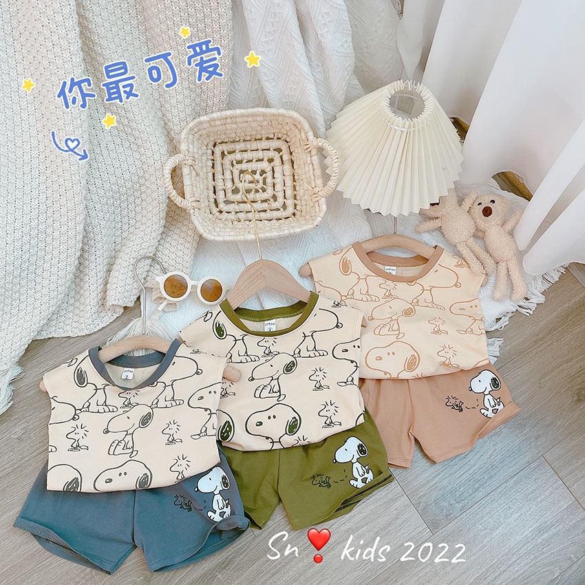 Bộ Quần Áo Trẻ Em Ba Lỗ In Hình snoopyi Vải Cotton Dễ Thương Cho Bé Từ 7-19kg Mã BL30