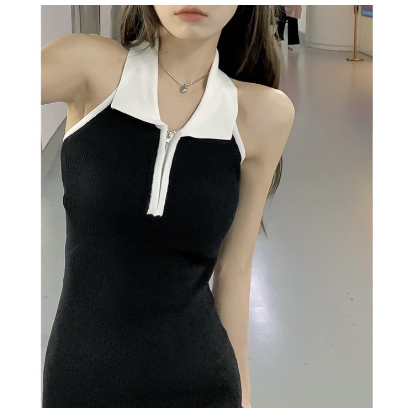 Đầm Body Ngắn Ôm Dáng Sát Nách Hở Lưng Cổ Sơmi Bẻ Kèm Khoá Kéo Trước Ngực Sexy Quyến Rũ