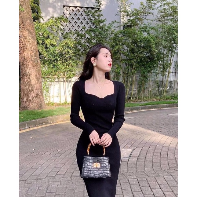 Đầm body cổ vuông dài tay váy body dáng dài | BigBuy360 - bigbuy360.vn