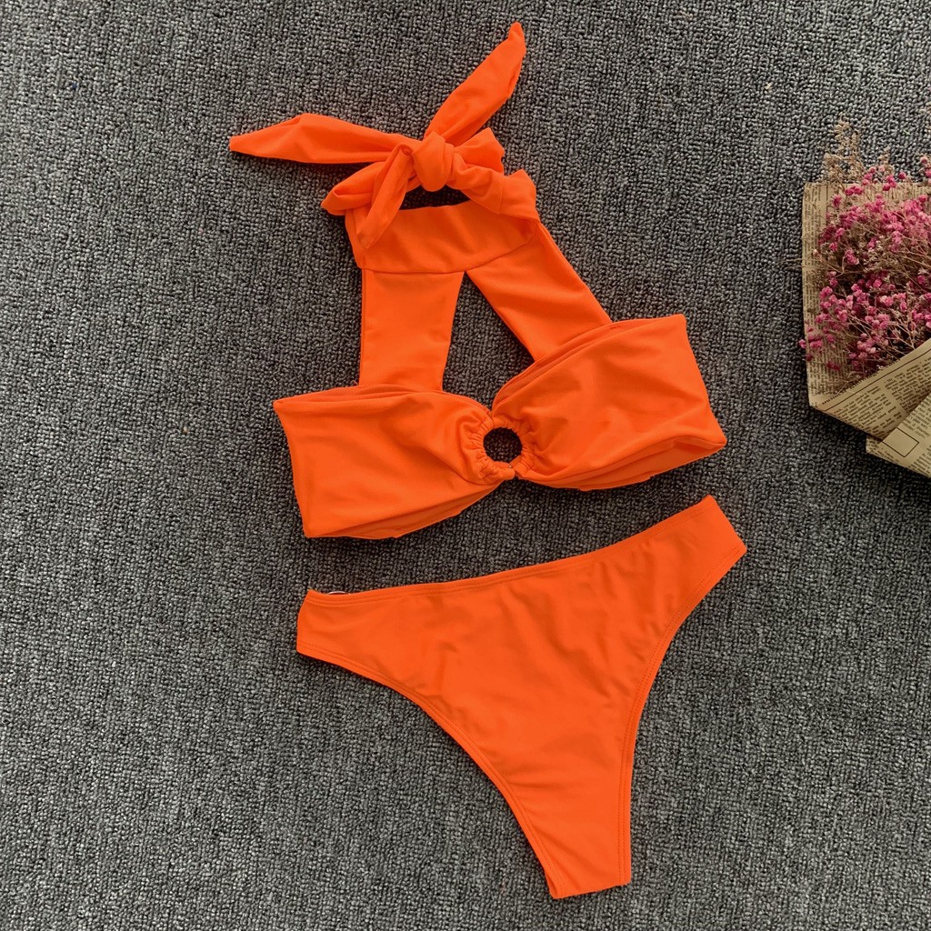 ❦woharyday❦Women Strappy Two-Piece Swimsuit Backless Solid Steel Ring Bikini Set Beachwear | BigBuy360 - bigbuy360.vn