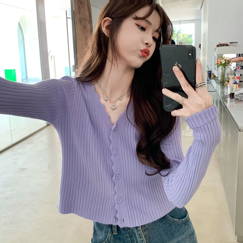 💓áo croptop tay dài Áo Cardigan Dệt Kim Tay Dài Cổ Chữ v Màu Hồng Kèm Quần Lưng Cao Thời Trang Dành Cho Nữ