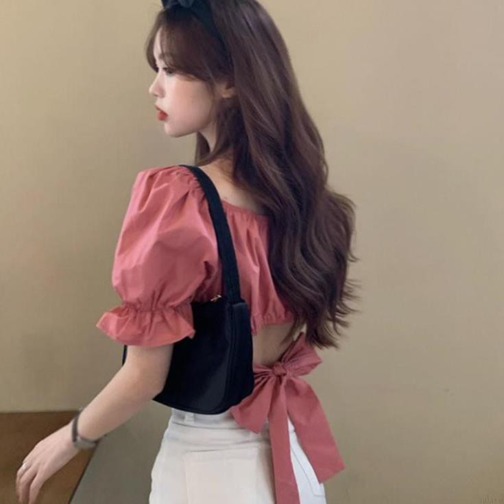 Áo kiểu cho nữ tay phồng ngắn xẻ cổ chữ U phong cách Hàn Quốc đáng yêu Đẹp Đẹp