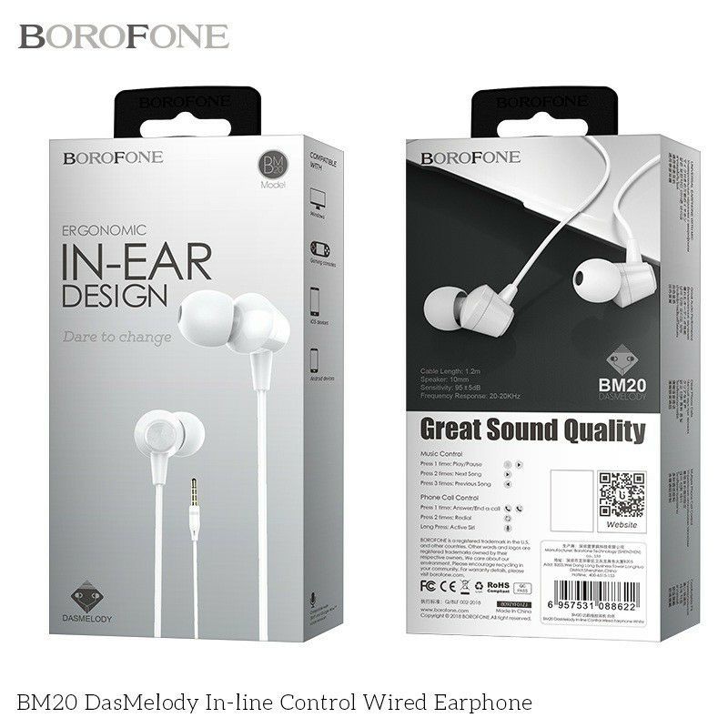 Tai nghe nhét tai có dây BOROFONE BM20 - 10mm, 3.5mm, 1.2m, 95dB, 16Ω