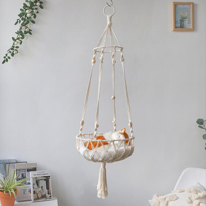 Gió lưới treo lơ lửng bằng sợi dệt thủ công có chùm tua rua dùng giường ngủ đồ chơi cho mèo và rổ đựng trái cây