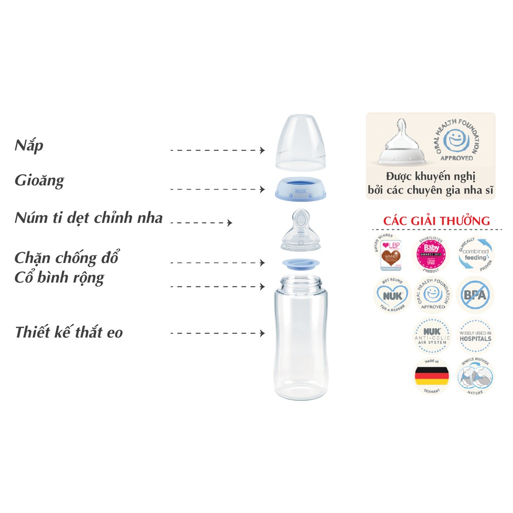 Bình sữa chống sặc NUK nhựa PP cao cấp chuẩn EU núm ti silicone chỉnh nha 300ml