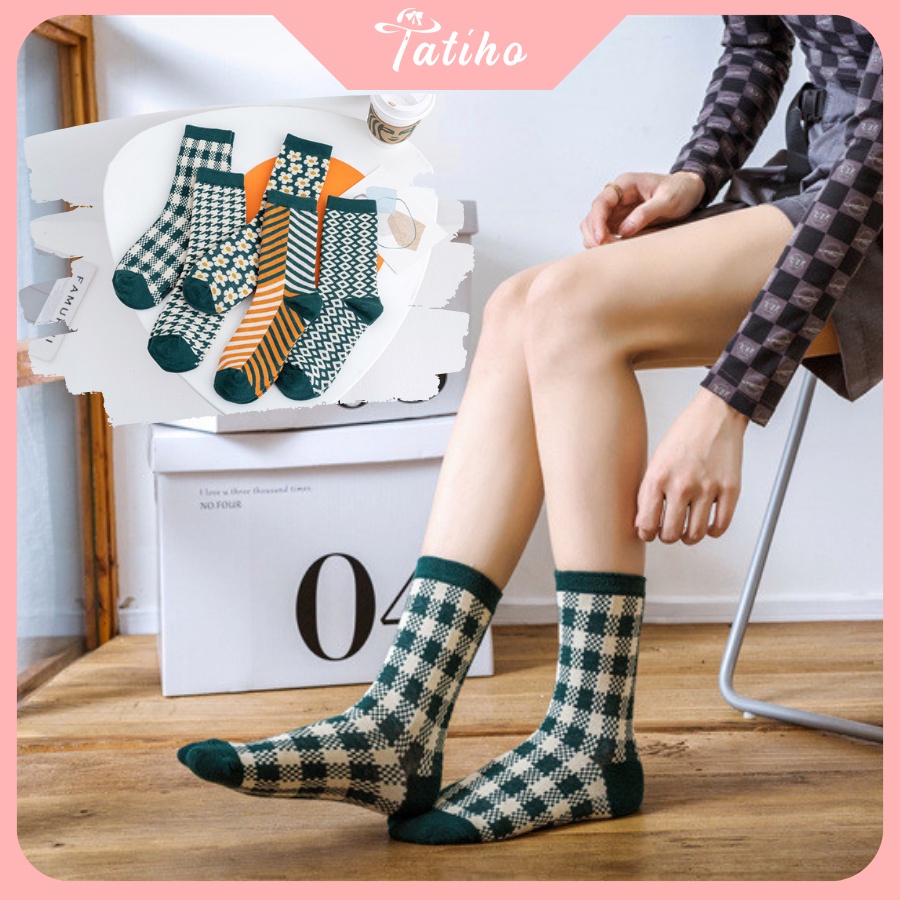[Hàng Xịn, Giá Tốt] Vớ Tất Nam Nữ Unisex Cổ Cao Cotton Họa Tiết Màu Xanh Retro Vintage Đẹp - Mã TV018