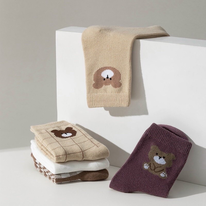 Set 5 Đôi Vớ Sọc Ca Rô / Hình Gấu Nâu Hoạt Hình Cho Bé Từ 1-12 Tuổi