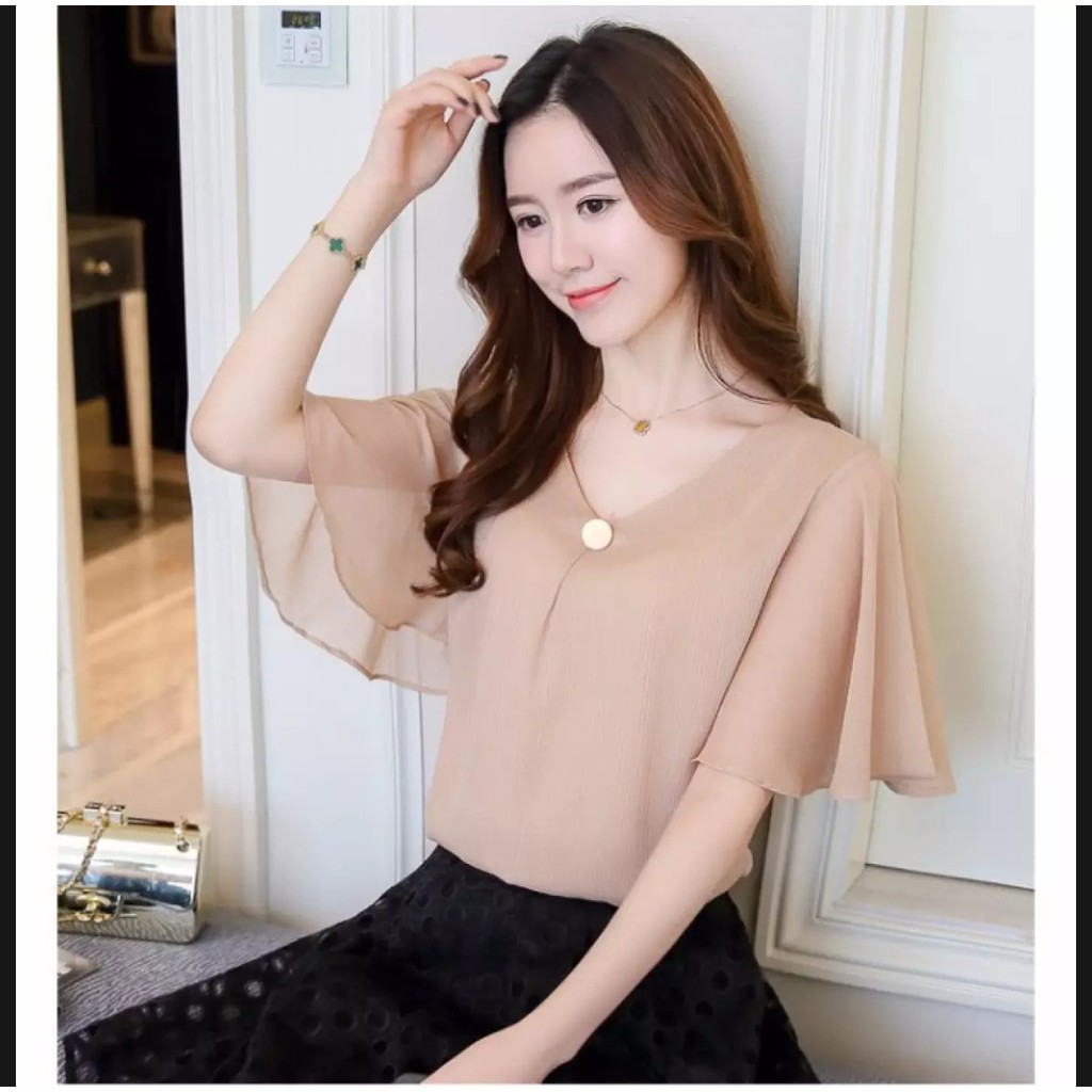 Áo voan nữ tay cánh bướm cổ tym kiểu công sở dễ thương TTML0023