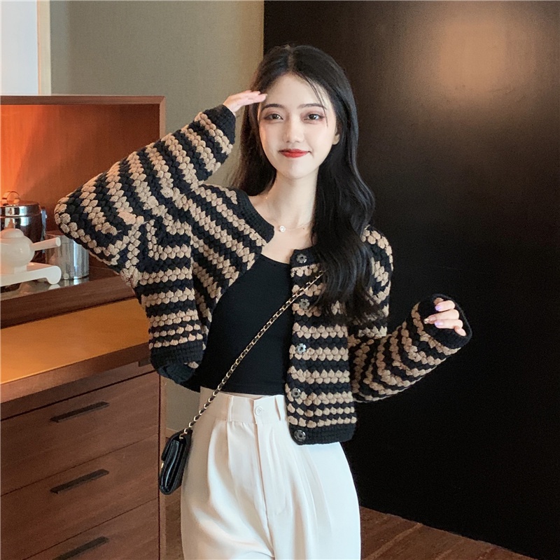 Áo Khoác Cardigan Dệt Kim Kẻ Sọc Thời Trang 176818Phong Cách Hàn Quốc Ngắn Sang Trọng