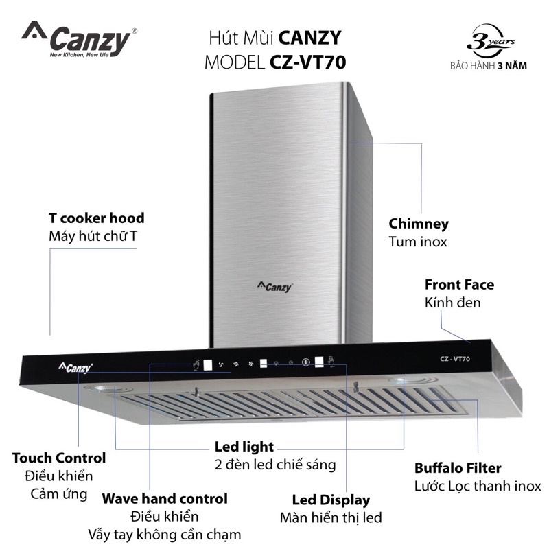 Máy hút mùi Canzy CZ VT70 Hút mùi nhà bếp cảm ứng vẫy tay cao cấp, bảo hành 3 năm