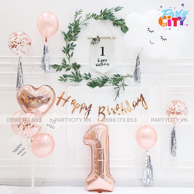 【PartyCityvn】Set Trang Trí Sinh Nhật Hàn Quốc Bóng Bay Màu Rose Gold Đẹp Sang Cho Bé Trai, Bé Gái Và Người Lớn