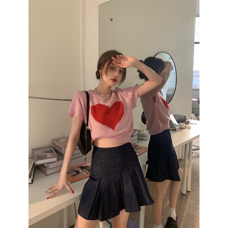 Áo thun croptop Xiaozhainv dệt kim tay ngắn dáng ôm in hình trái tim xinh xắn thời trang mùa hè phong cách Hàn Quốc