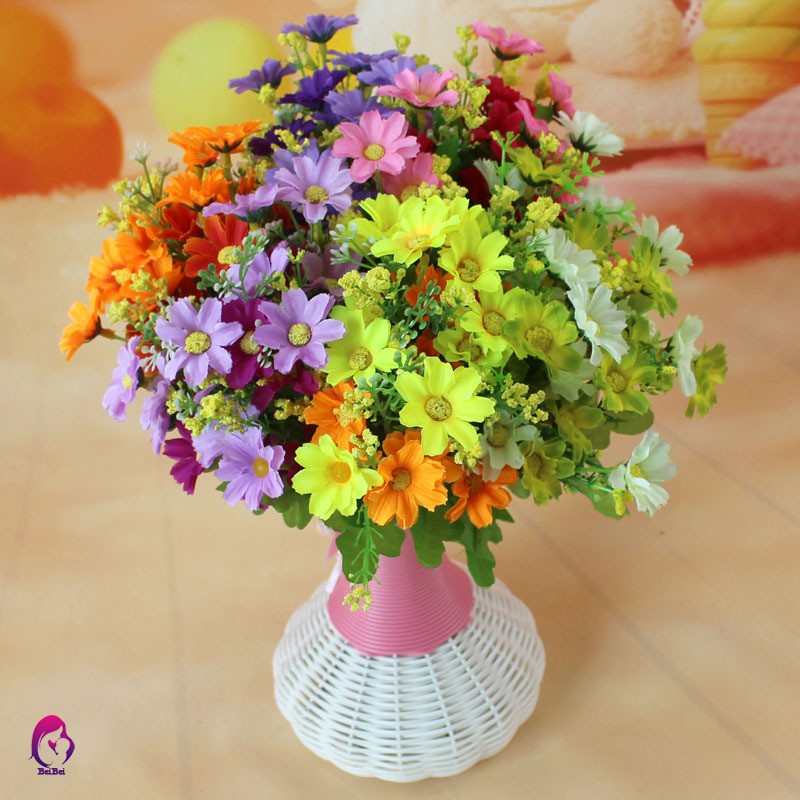 Hoa giả 7 cành 28 hoa bằng lụa để bàn trang trí tiện dụng nhiều màu lựa chọn