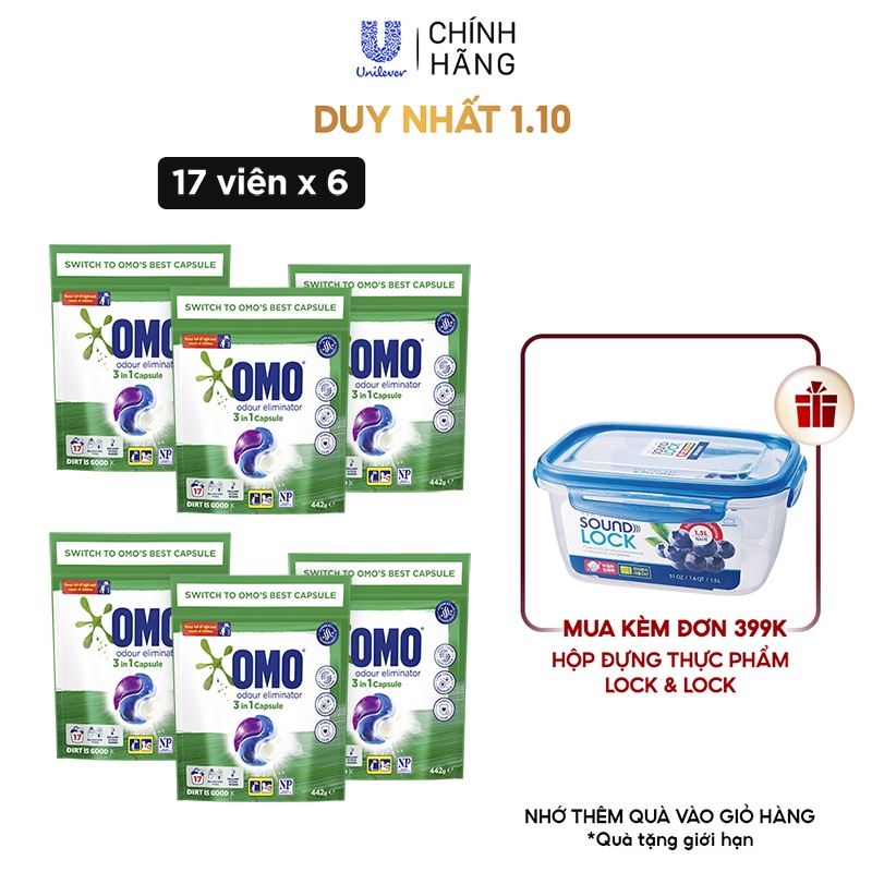 Combo 6 Túi Viên Giặt Tiện Lợi OMO Công Nghệ Anh Quốc - Khử Mùi (17 Viên/Túi)