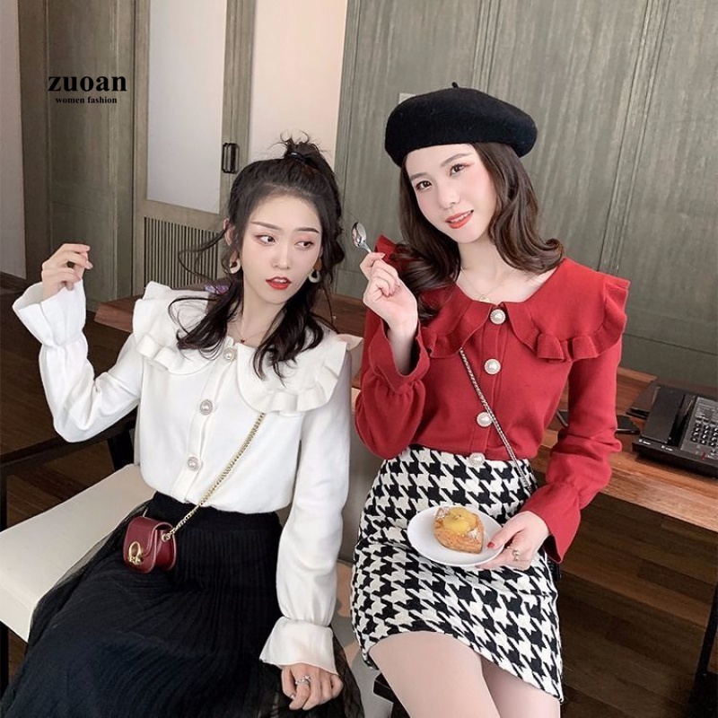 SUXI Áo dệt kim mỏng dài tay cổ búp bê thời trang mùa thu cho nữ