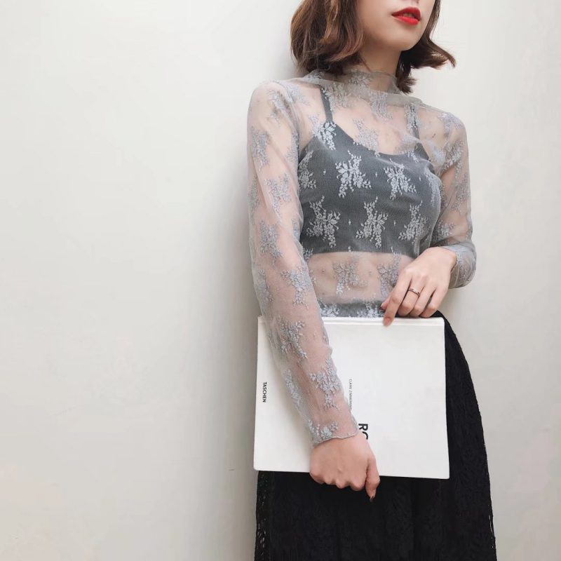 Áo thun dài tay cổ cao phối lưới đàn hồi cho nữ