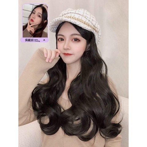 Bộ tóc giả dài uốn gơn sóng phối mũ lưỡi trai thời trang thu đông cho nữ