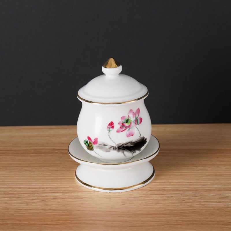 Set Đồ Thờ - Bộ Đồ Thờ Cúng Sứ Trắng in Hoa Sen cao cấp siêu đẹp