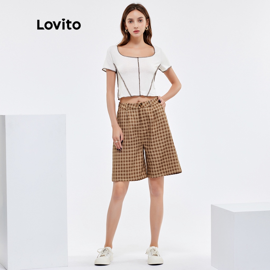 Quần short Lovito Bermuda kẻ caro phong cách thường ngày L25AD052 (màu kaki)