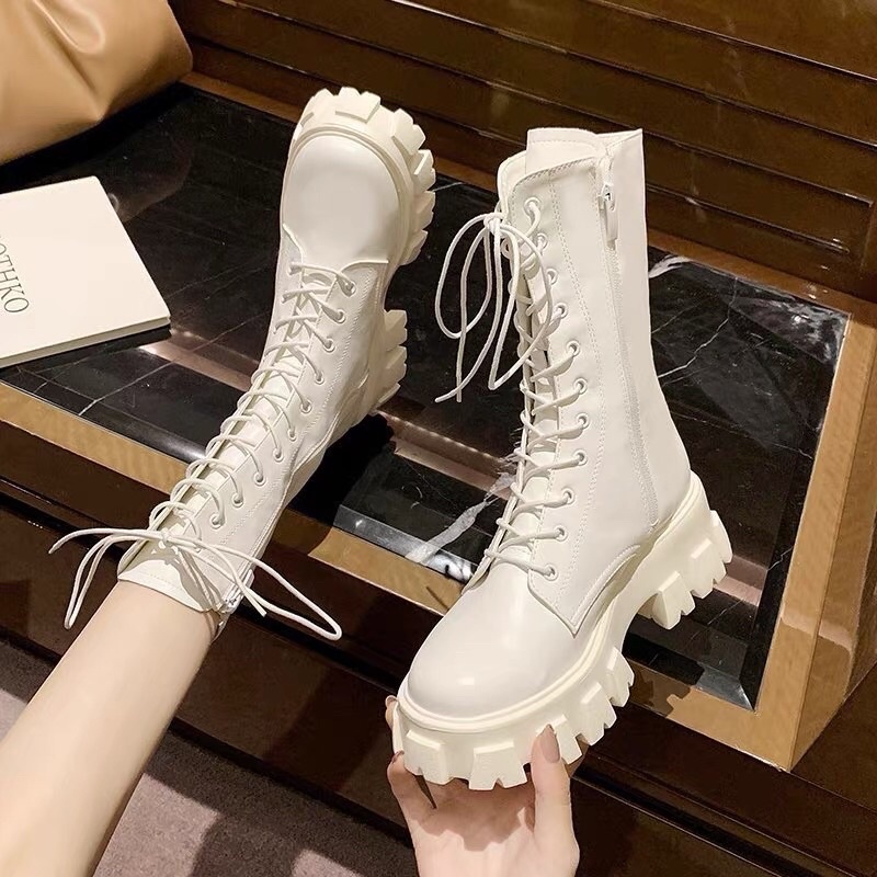 Giày boots nữ siêu cao cổ dây buộc kết hợp khoá kéo Cao Cấp 1900 - bốt nữ cổ cao Hàn Quốc độn đế 2 màu siêu xinh