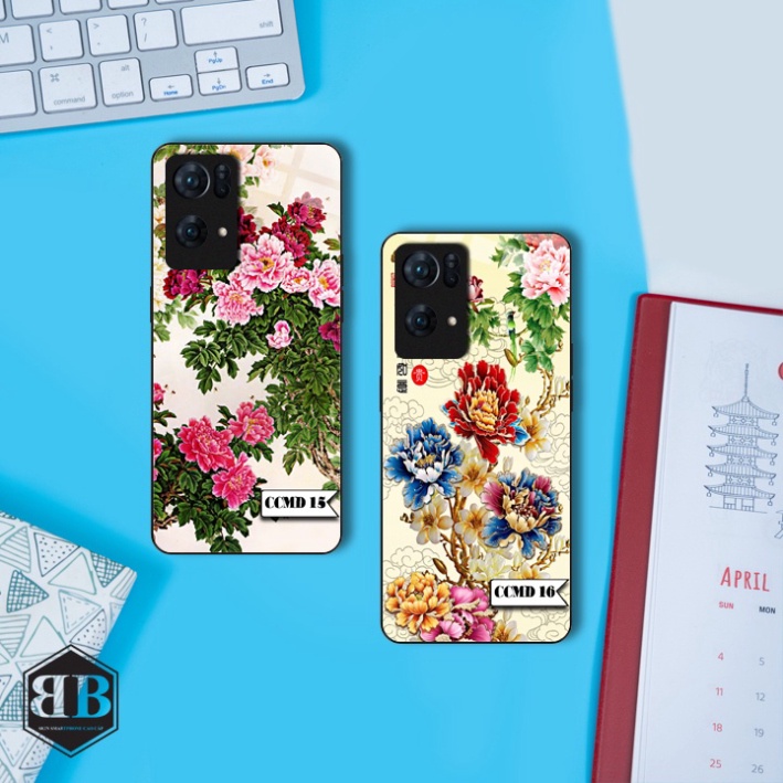 ỐP lưng kính cường lực Oppo Reno 7 Pro 5G chim công mẫu đơn
