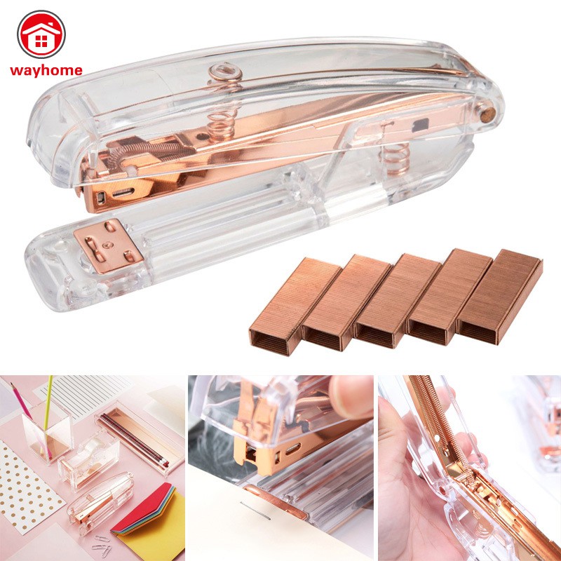 Rose Gold High-grade Transparent Plastic Stapler Office Study Binding Machine