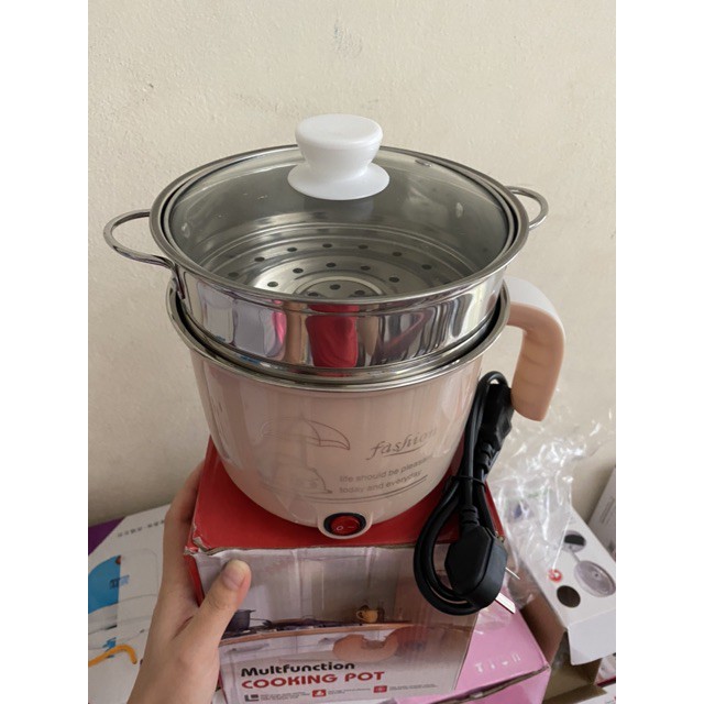 Ca Nấu Mì, Nấu Cơm Đa Năng Có Tay Cầm 1,8L - Nồi Lẩu Điện Mini Kèm Giá Hấp Inox