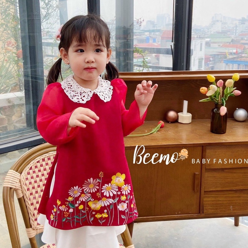 Set áo dài bé gái Beemo chất liệu nhung chéo cao cấp, áo dài Tết cho bé phối chân váy bé gái hoạ tiết thời trang