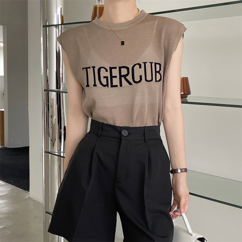 Áo Xiaozhainv dệt kim mỏng không tay dáng rộng in chữ 3 màu lựa chọn thời trang mùa hè cho nữ